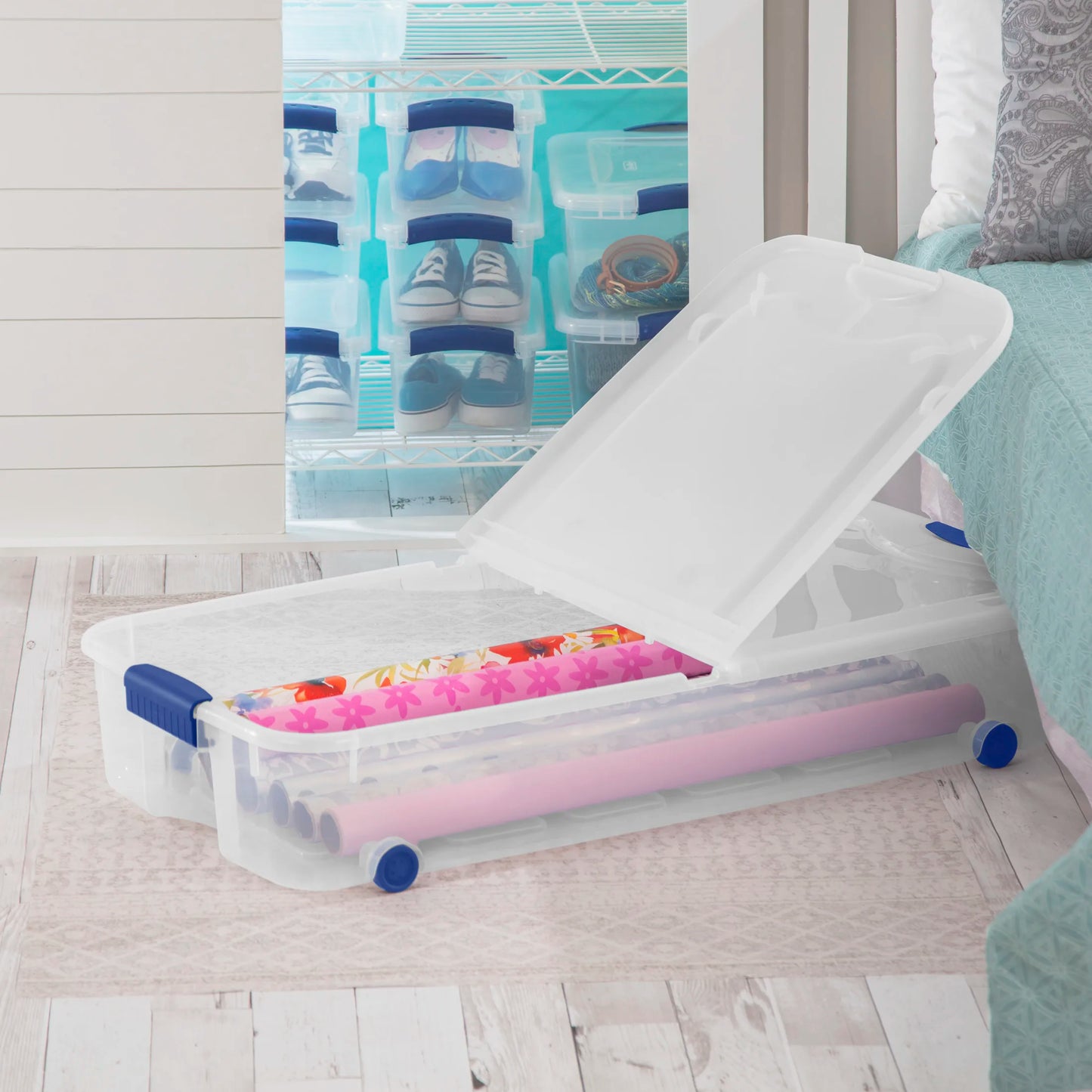 Latching Wheeled Stackable Underbed Storage Bin With Latch Lid