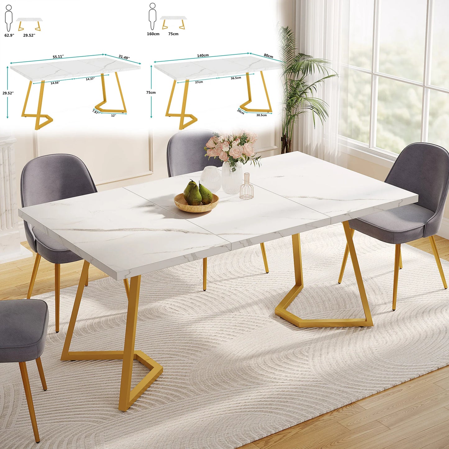 Tribesigns Modern Rectangular Dining Table With Marble Finish Top, No Chairs