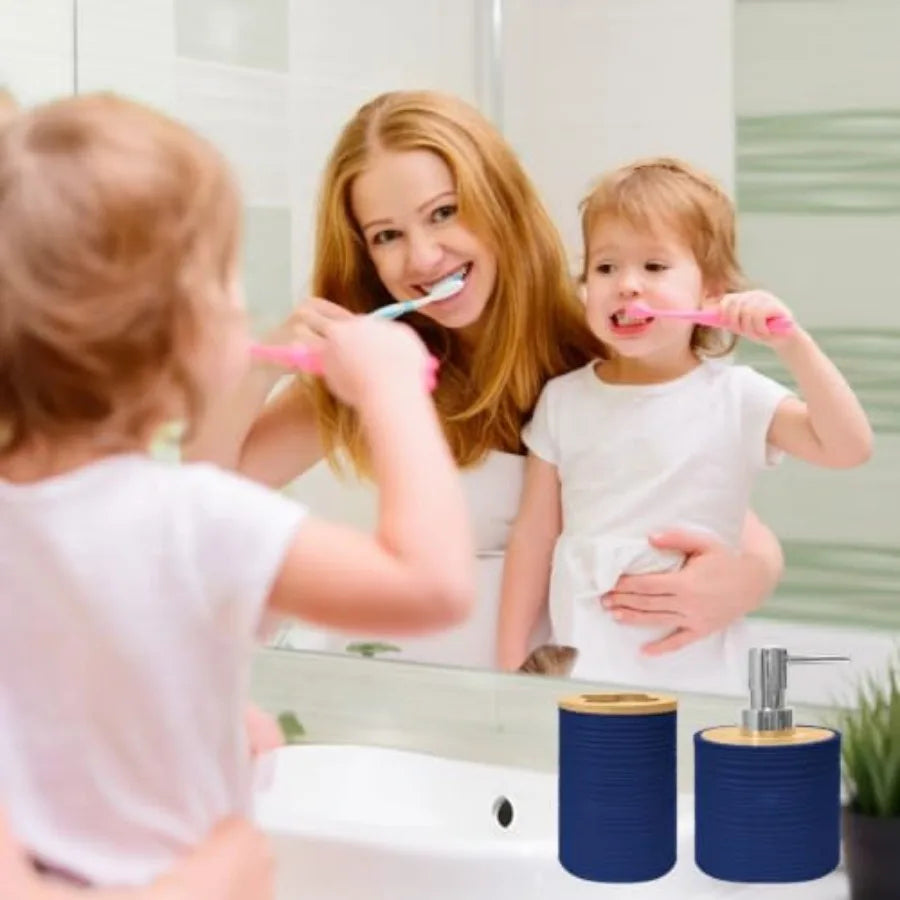 Bamboo Bathroom Accessories Set Soap Dispenser And Toothbrush Holder Boho