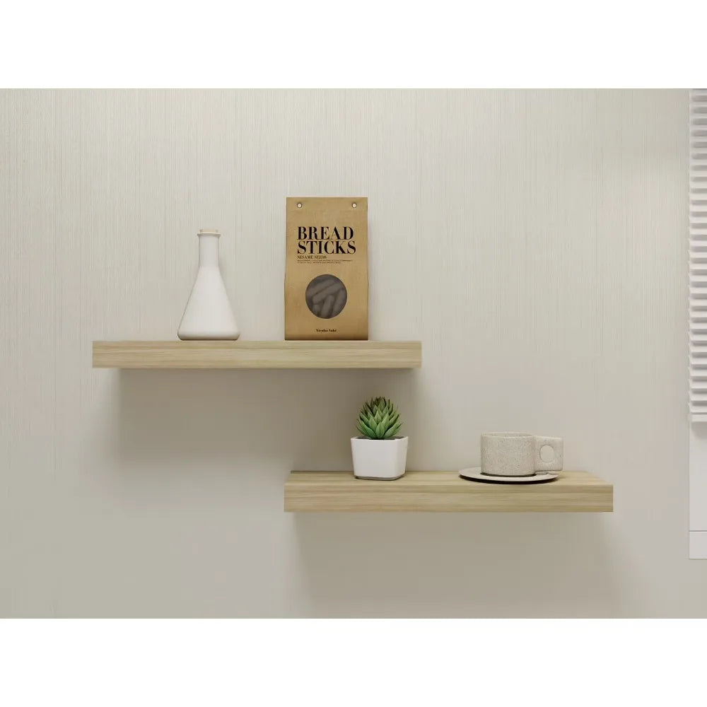 Natural Wood Floating Shelves Set Of 2 With Invisible Brackets