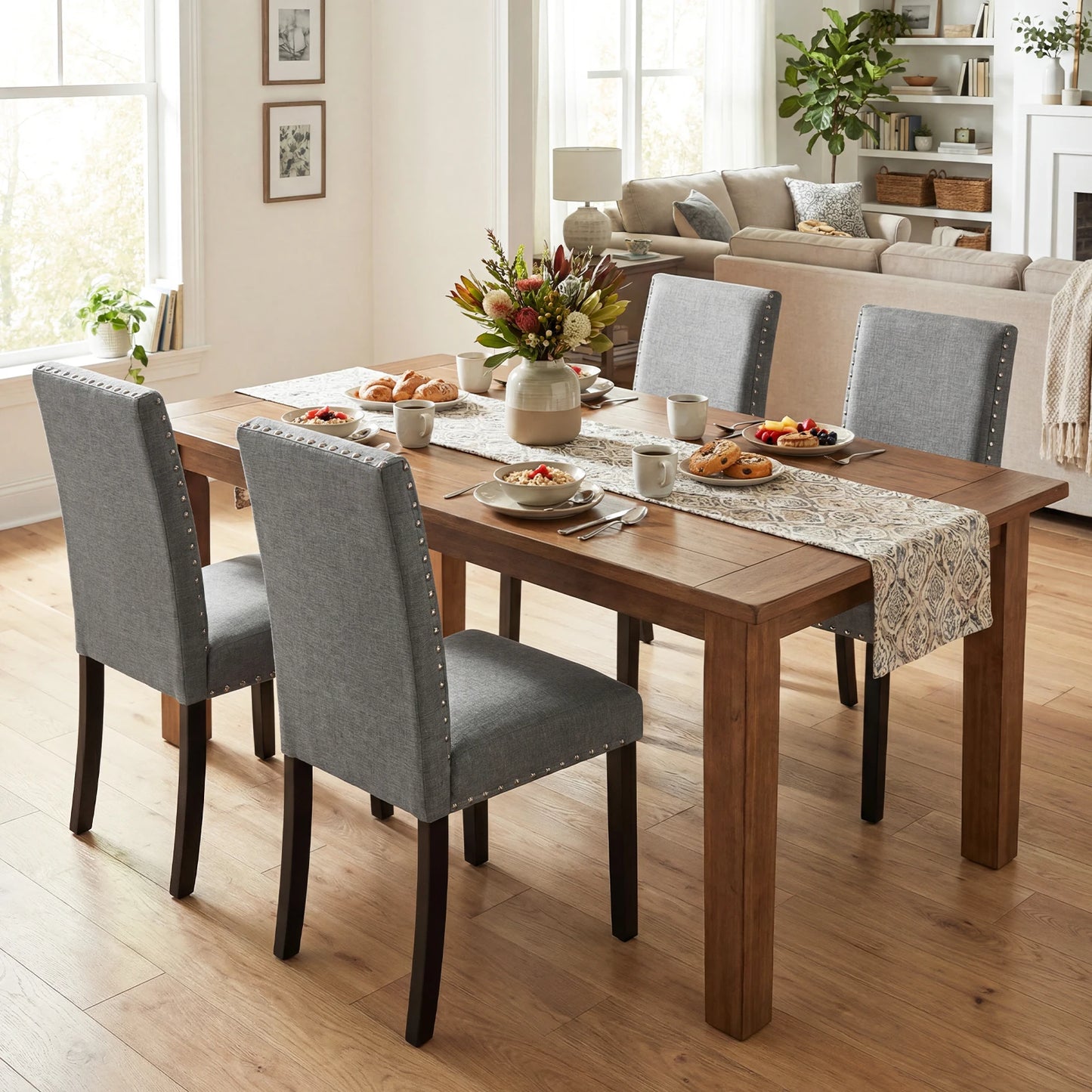 HOMASIS Set Of 4 Grey Upholstered Wooden Dining Chairs