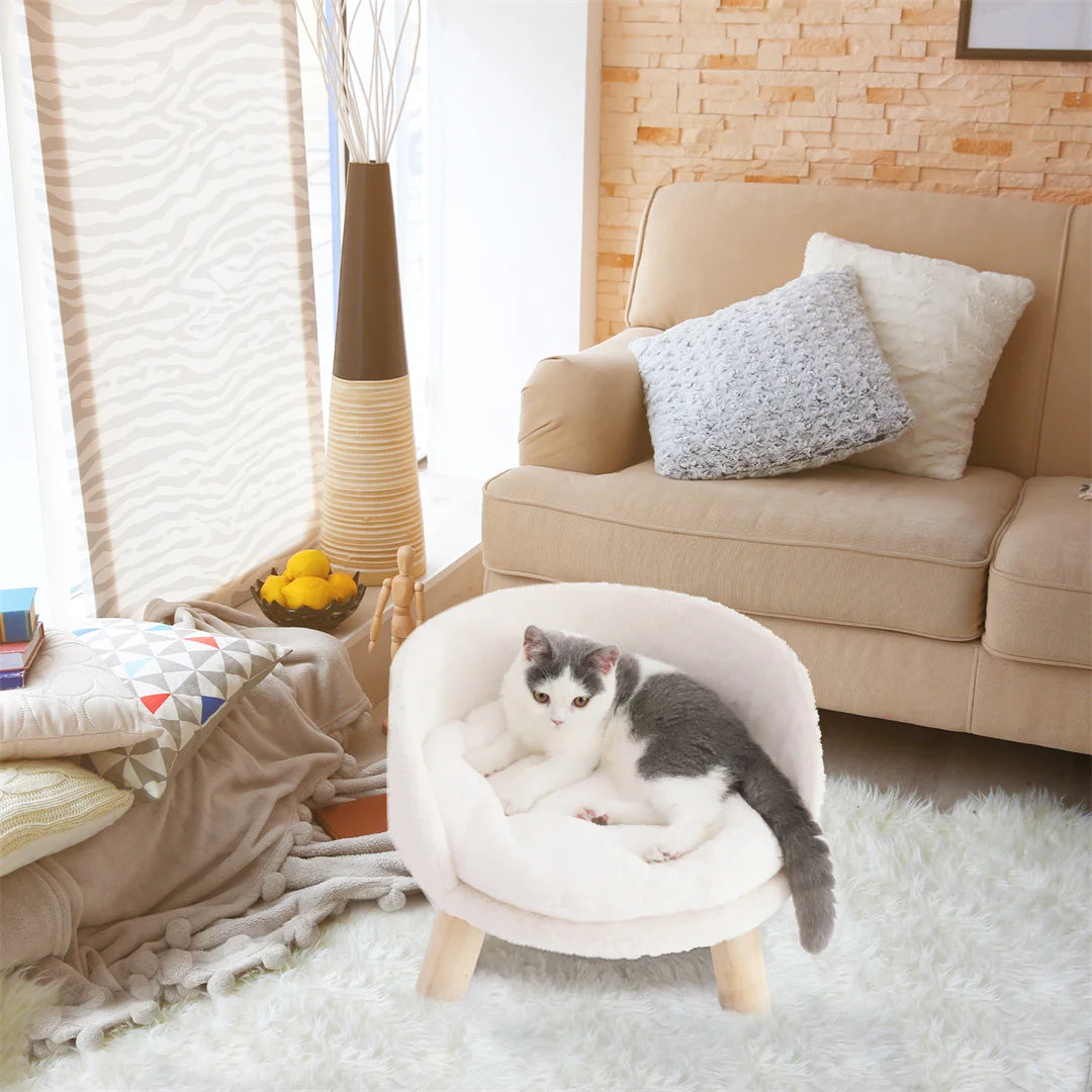 BINGOPAW Luxury Plush Cat Bed With Wood Leg Frame Washable