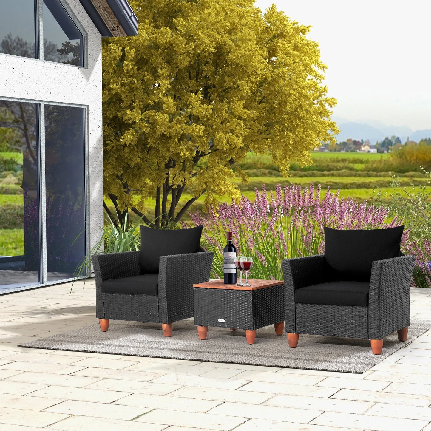 HOMASIS 3 Piece Patio Rattan Sofa Storage Table Wood Top