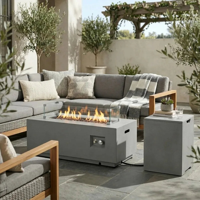 Propane Fire Pit Table 50000 BTU Glass Wind Guard Outdoor