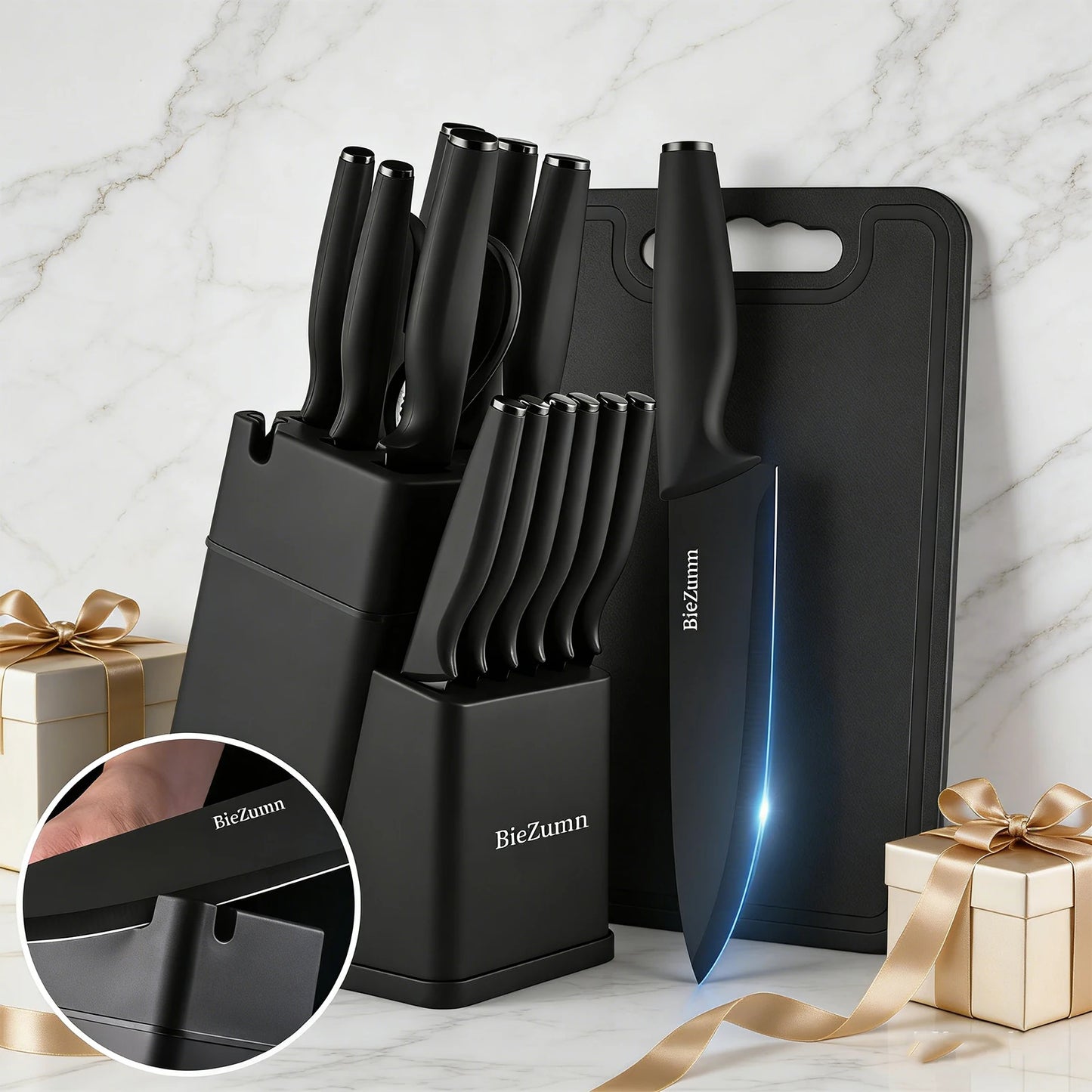 Professional Stainless Steel Kitchen Knife Set With Block And Scissors