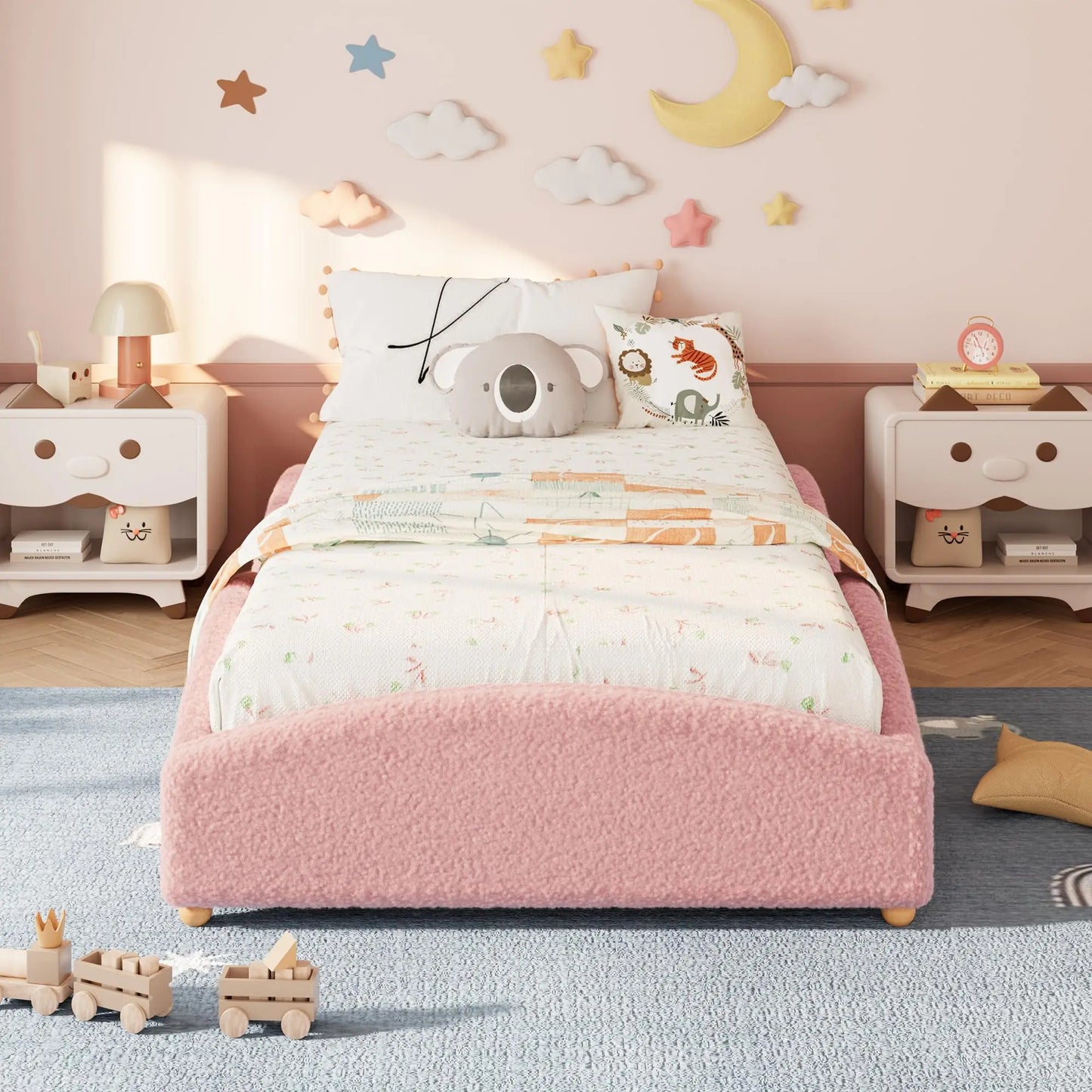 Twin Kids Floor Bed With Raised Sides, Teddy Fabric Upholstered Cloud Daybed, Montessori Platform Bed Frame With Wood Slats, No Box Spring