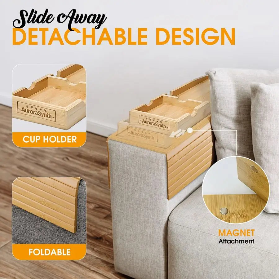 Bamboo Couch Armrest Tray With Cup Holder And Coasters