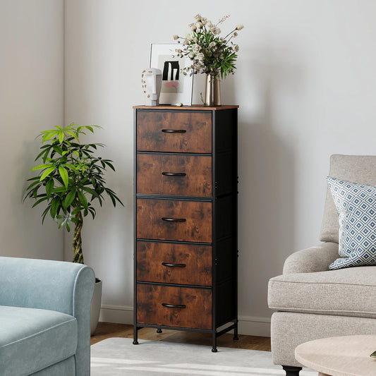 JHK 48IN Dresser For Bedroom With 5 Fabric Drawers Nightstand Wardrobe Steel Frame Closet For Clothes Storage Cabinet Furniture