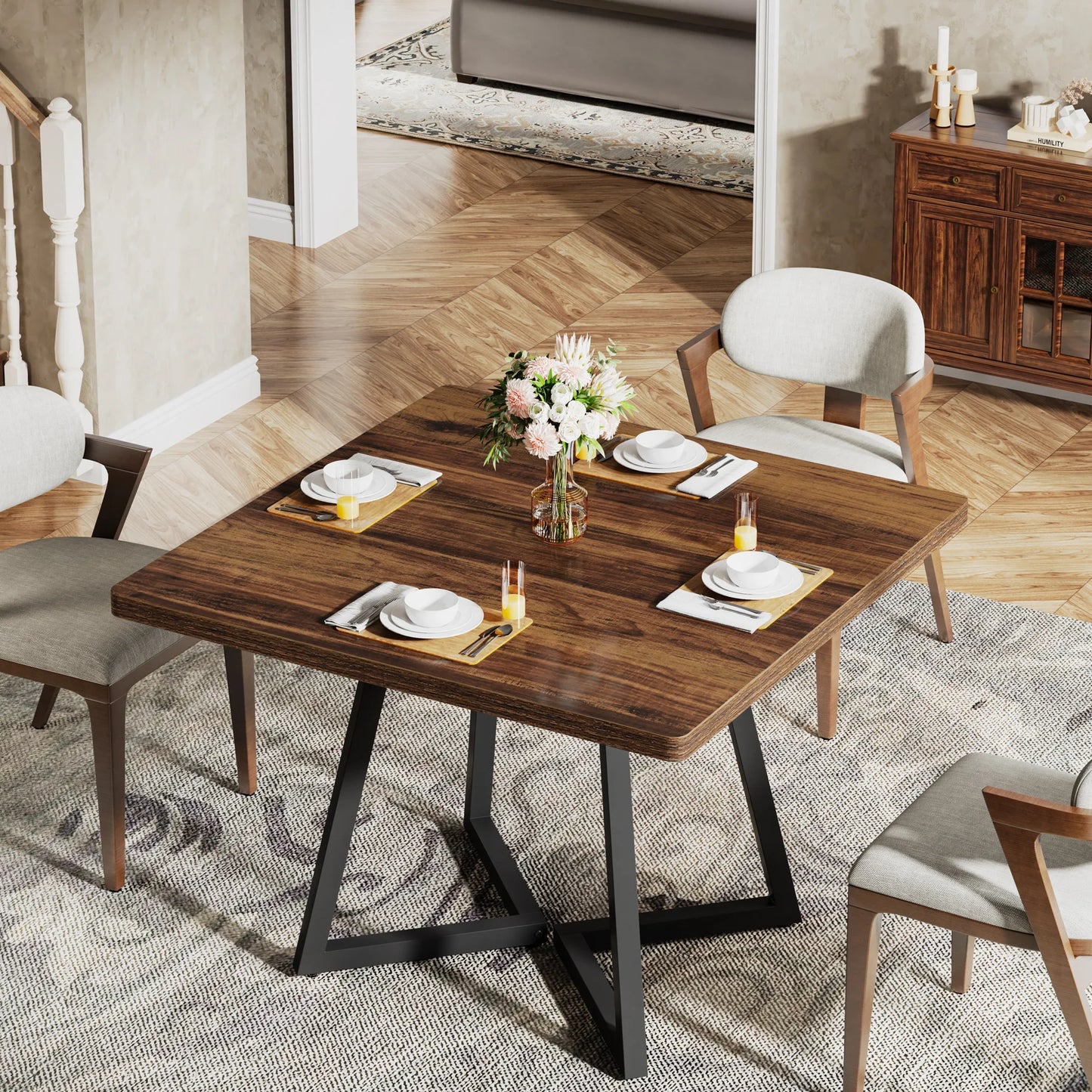 Tribesigns Square Industrial Dining Table Wood Metal Base Kitchen Furniture, No Chairs
