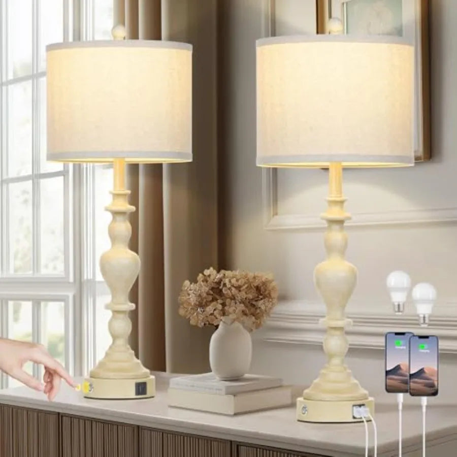 Farmhouse Table Lamps Set of 2 With USB A and C Ports