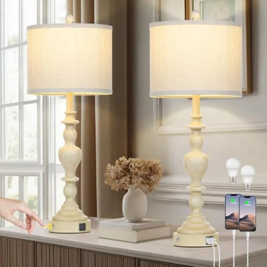 Farmhouse Table Lamps Set of 2 With USB A and C Ports
