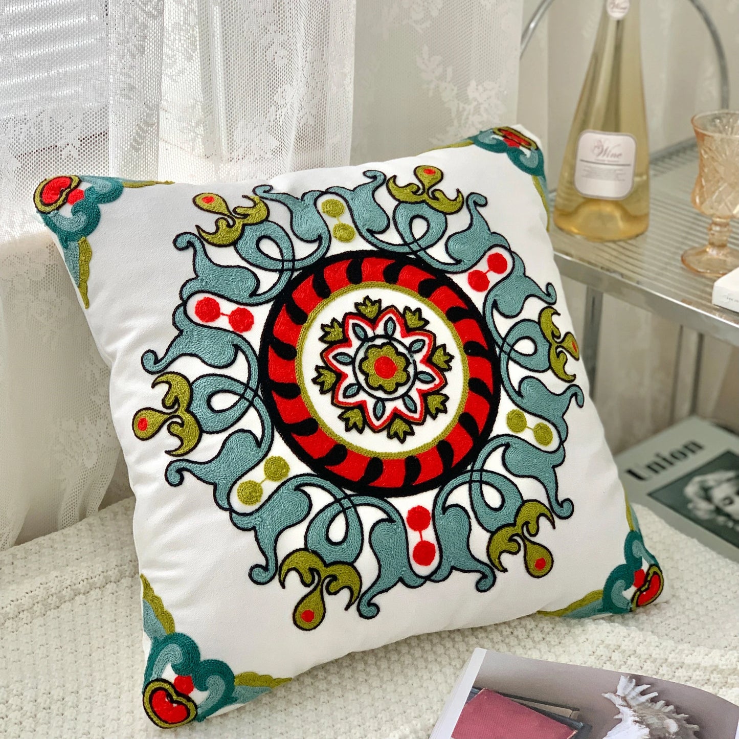 Ethnic Style Floral Embroidered Cotton Pillow Cover