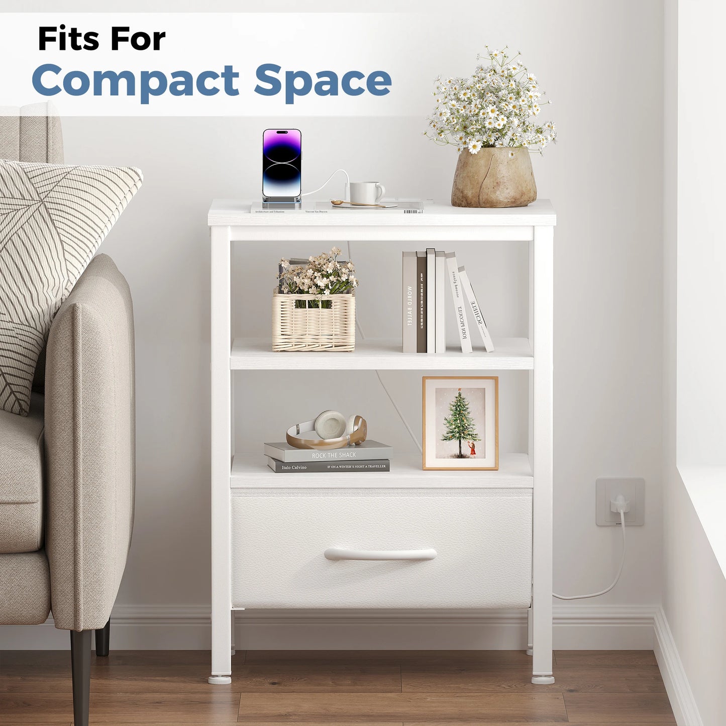 MCQ Nightstand 1 Fabric Drawers with LED Light Strip Cabinets Bedside End Table Storage With Charging Station for Home Furniture