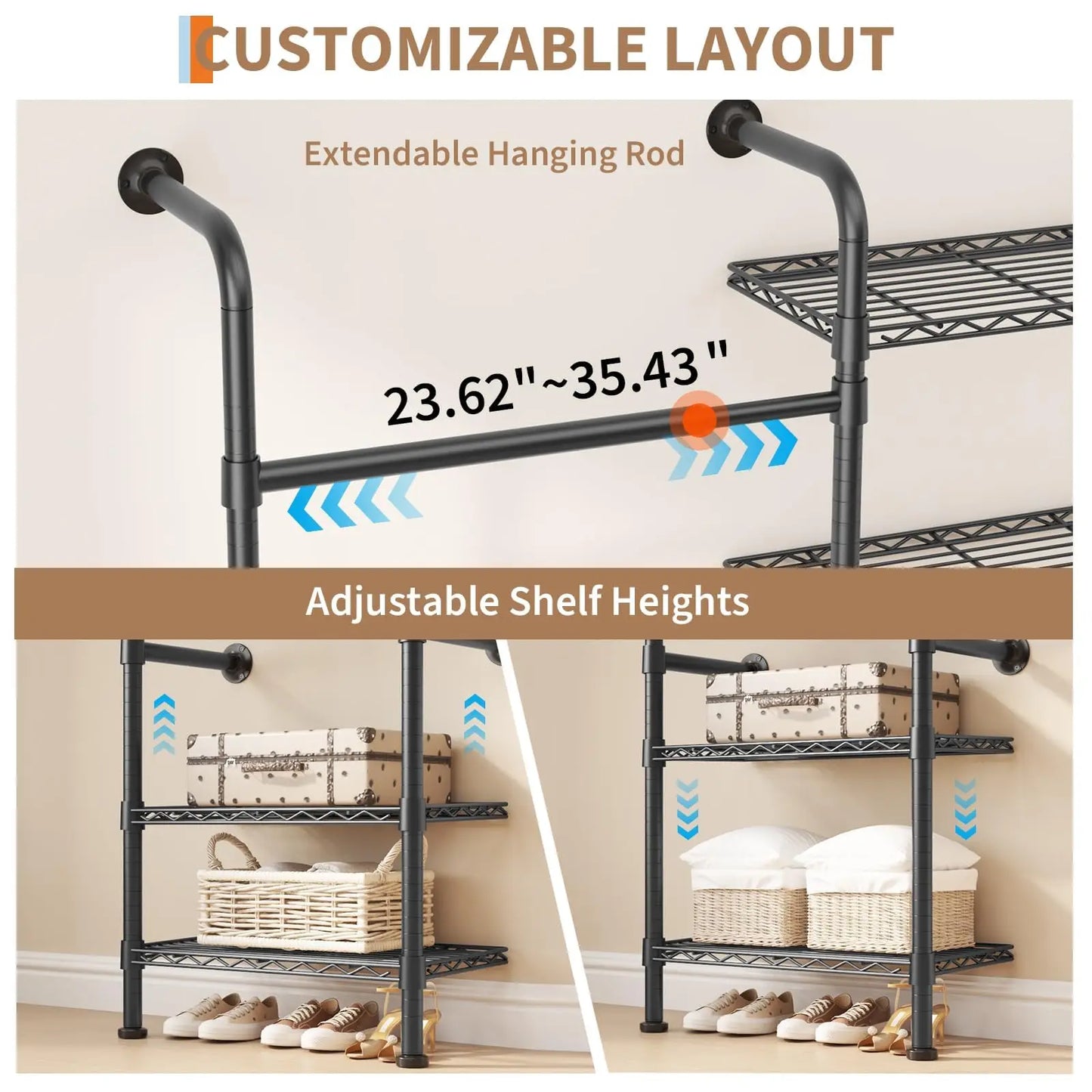Studyset Carbon Steel Wall Mounted Pipe Closet System With Expandable Rods