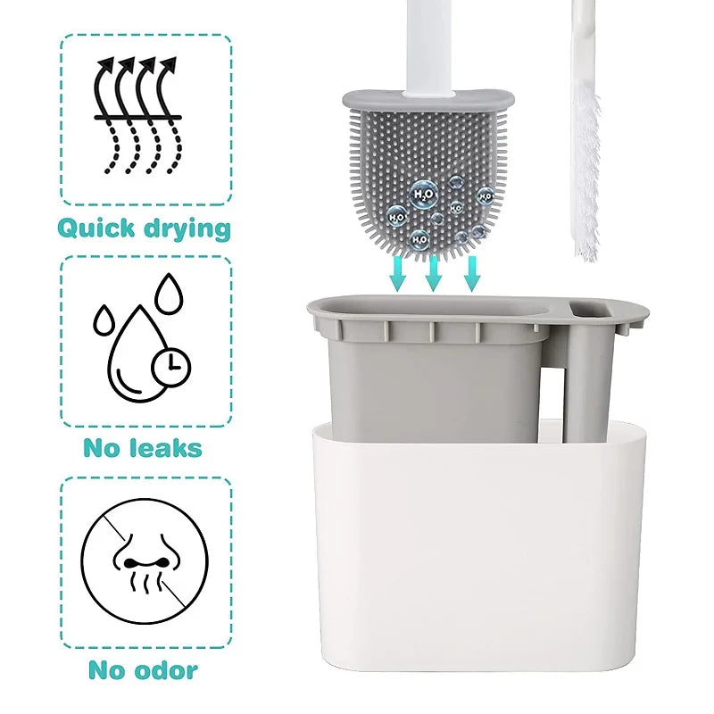 Wall Hanging Toilet Brush With Holder, Long Handle Silicone Bristles