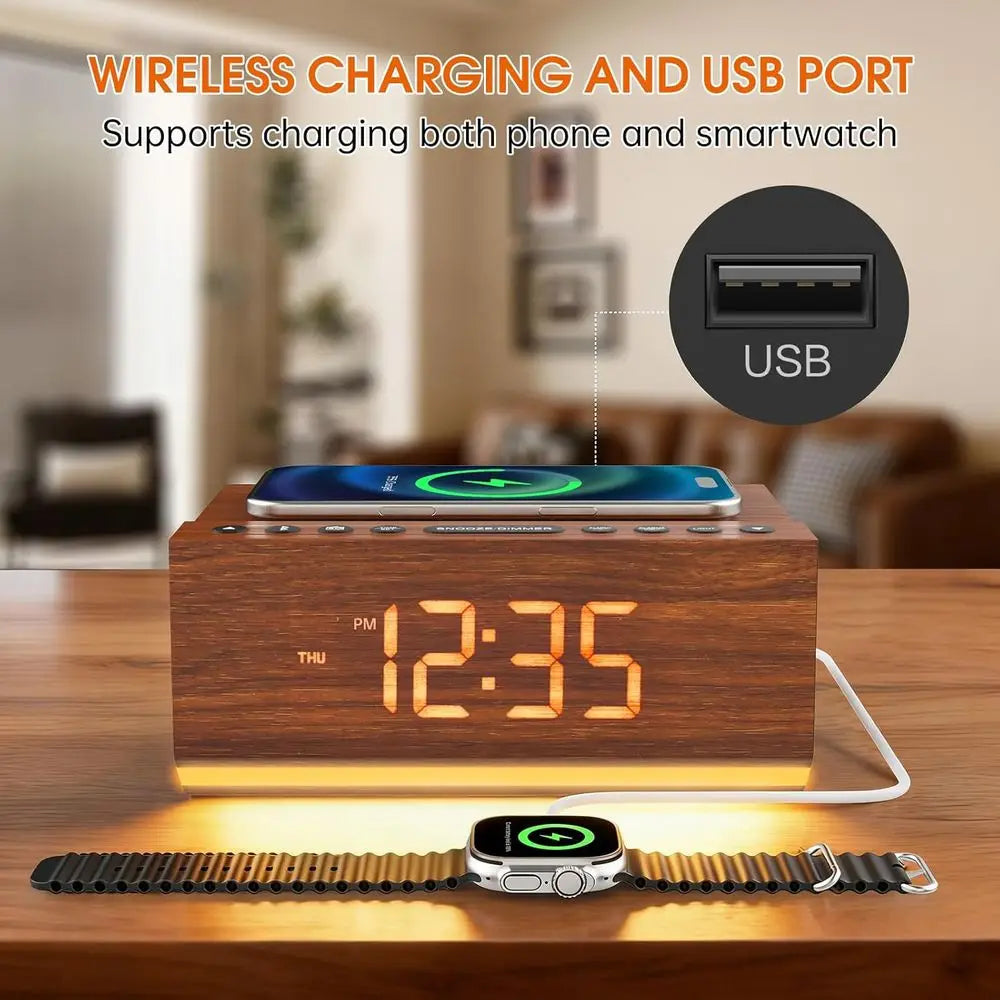 Bluetooth Digital Alarm Clock With Wireless Charging And FM Radio