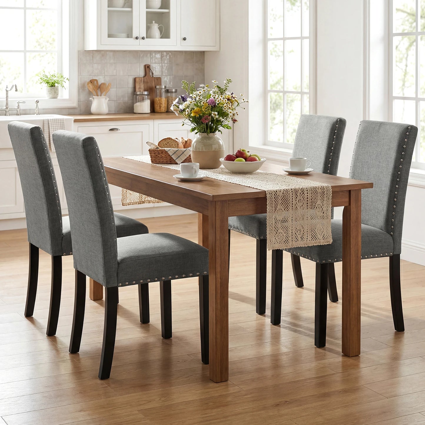 HOMASIS Set Of 4 Grey Upholstered Wooden Dining Chairs