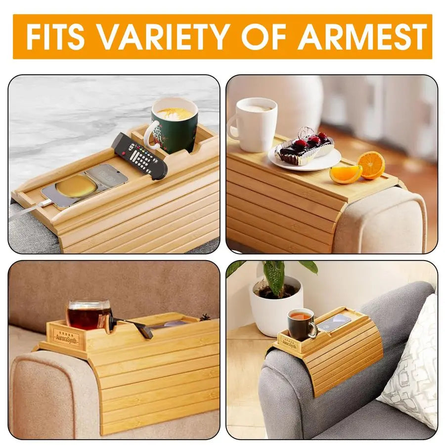 Bamboo Couch Armrest Tray With Cup Holder And Coasters