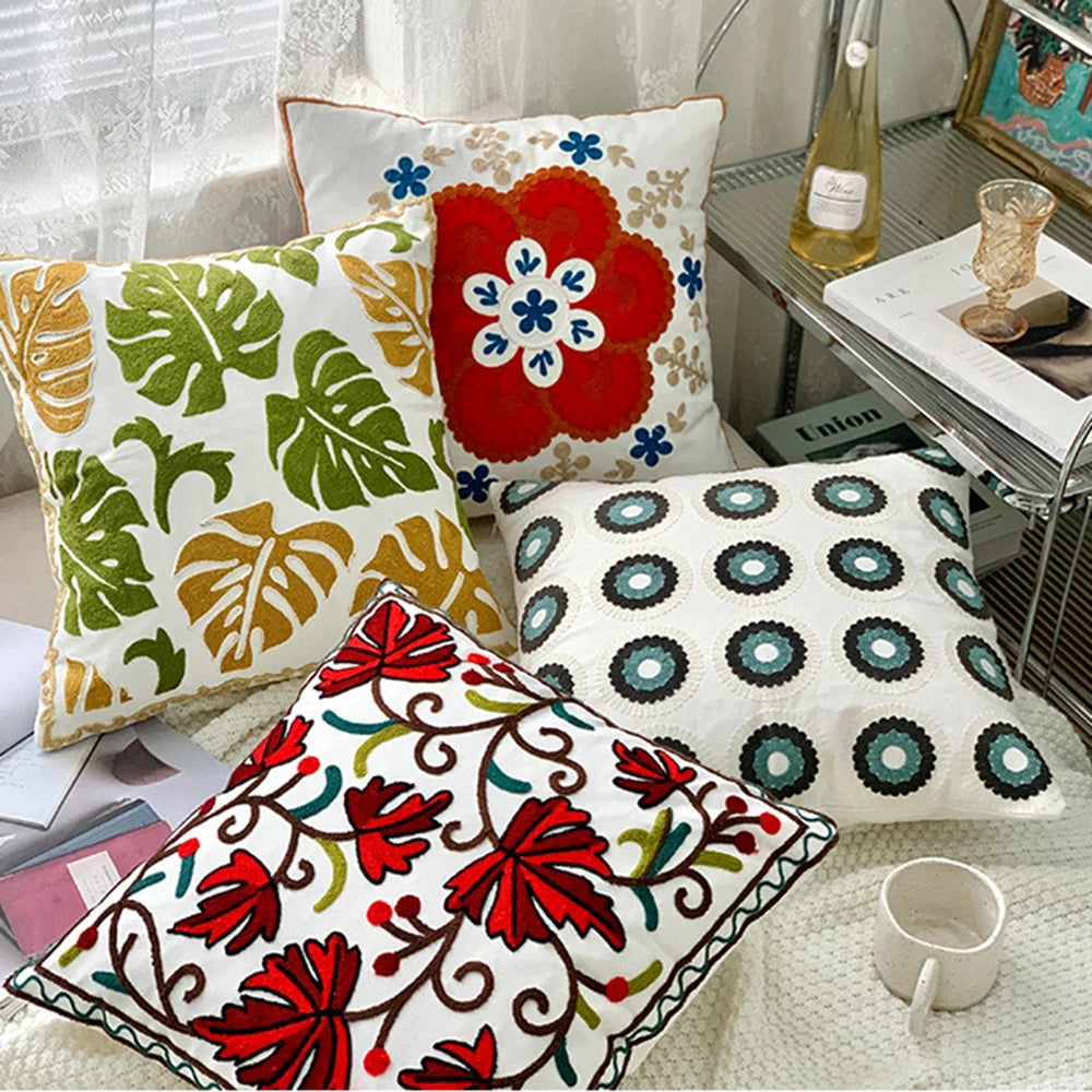Ethnic Style Floral Embroidered Cotton Pillow Cover