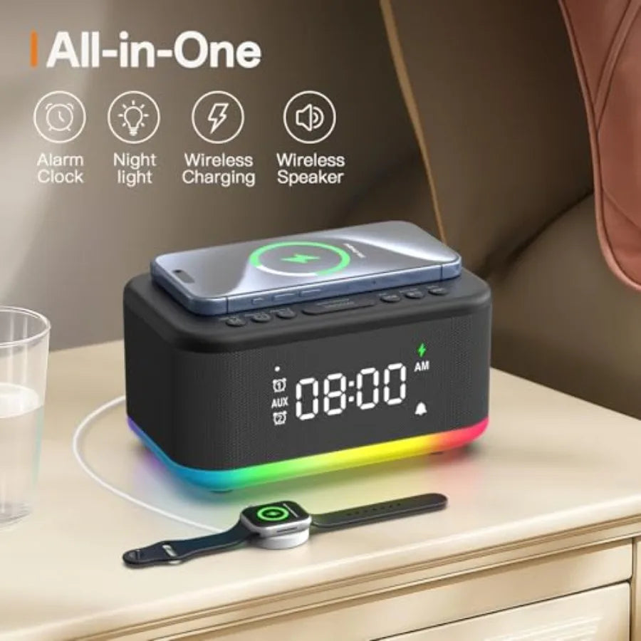 Wireless Charging Alarm Clock With Bluetooth Speaker And Night Light