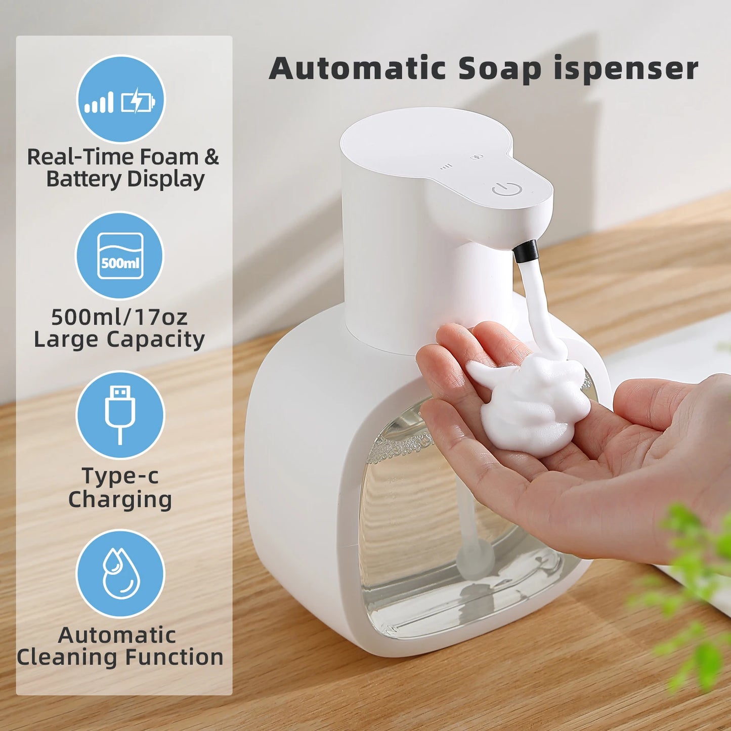 Wall Mounted Automatic Foam Soap Dispenser 500ml Rechargeable Sensor