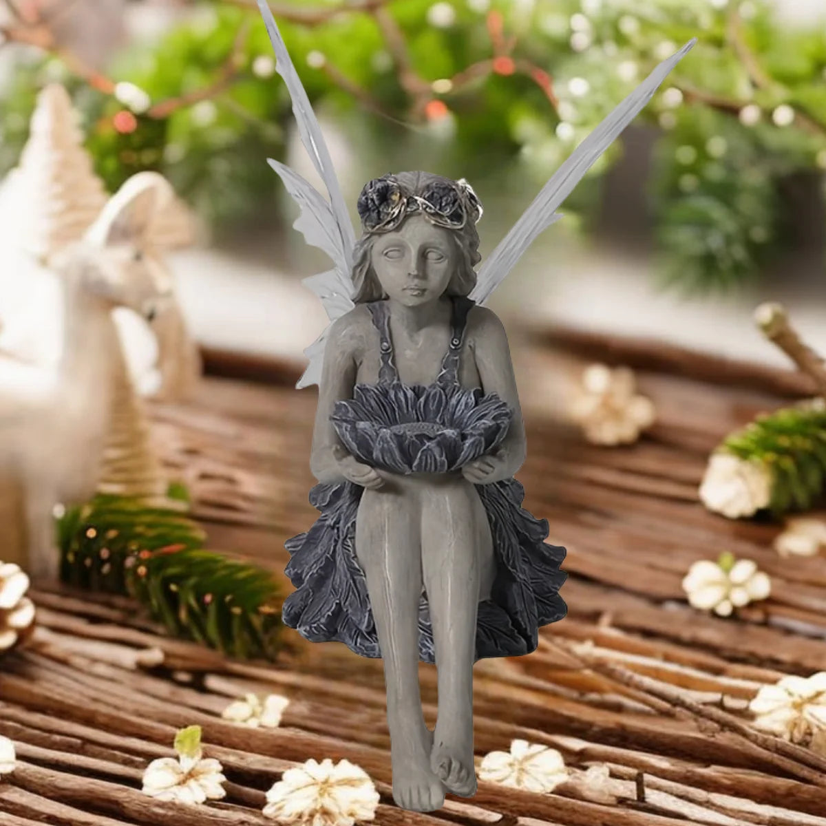 Outdoor Garden Solar Fairy Statue Light Resin Flower Holder Decor