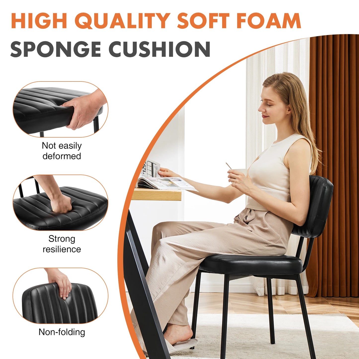 JHK Faux Leather Modern Dining Chairs Set of 2 Ergonomic Lumbar Support Foam Sponge Cushion Seat and Metal Legs for Kitchen