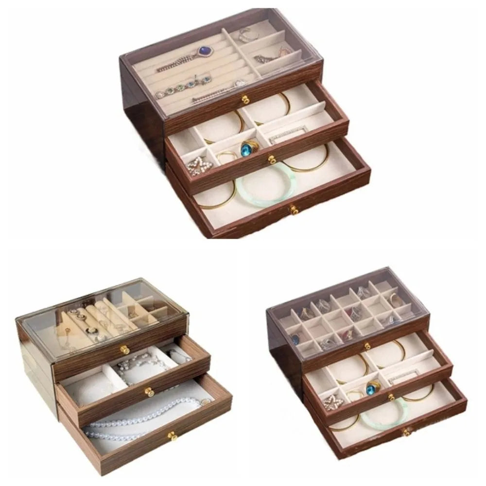 Multi Layer Wooden Jewelry Box With Transparent Window Organizer