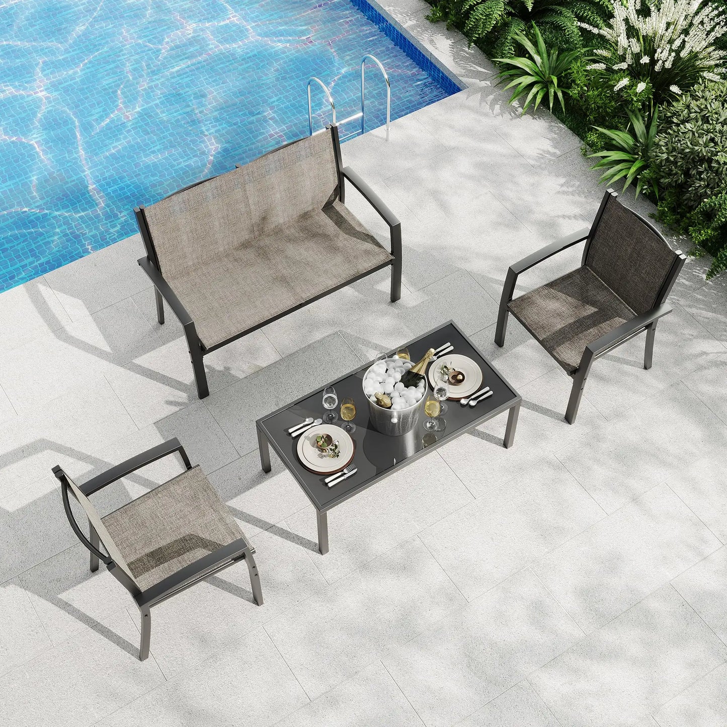 HobbyLane Modern 4 Piece Metal Patio Set With Mesh Table