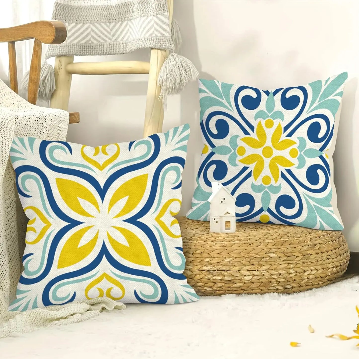 Mediterranean Tile Throw Pillow Covers Geometric Cushion Set