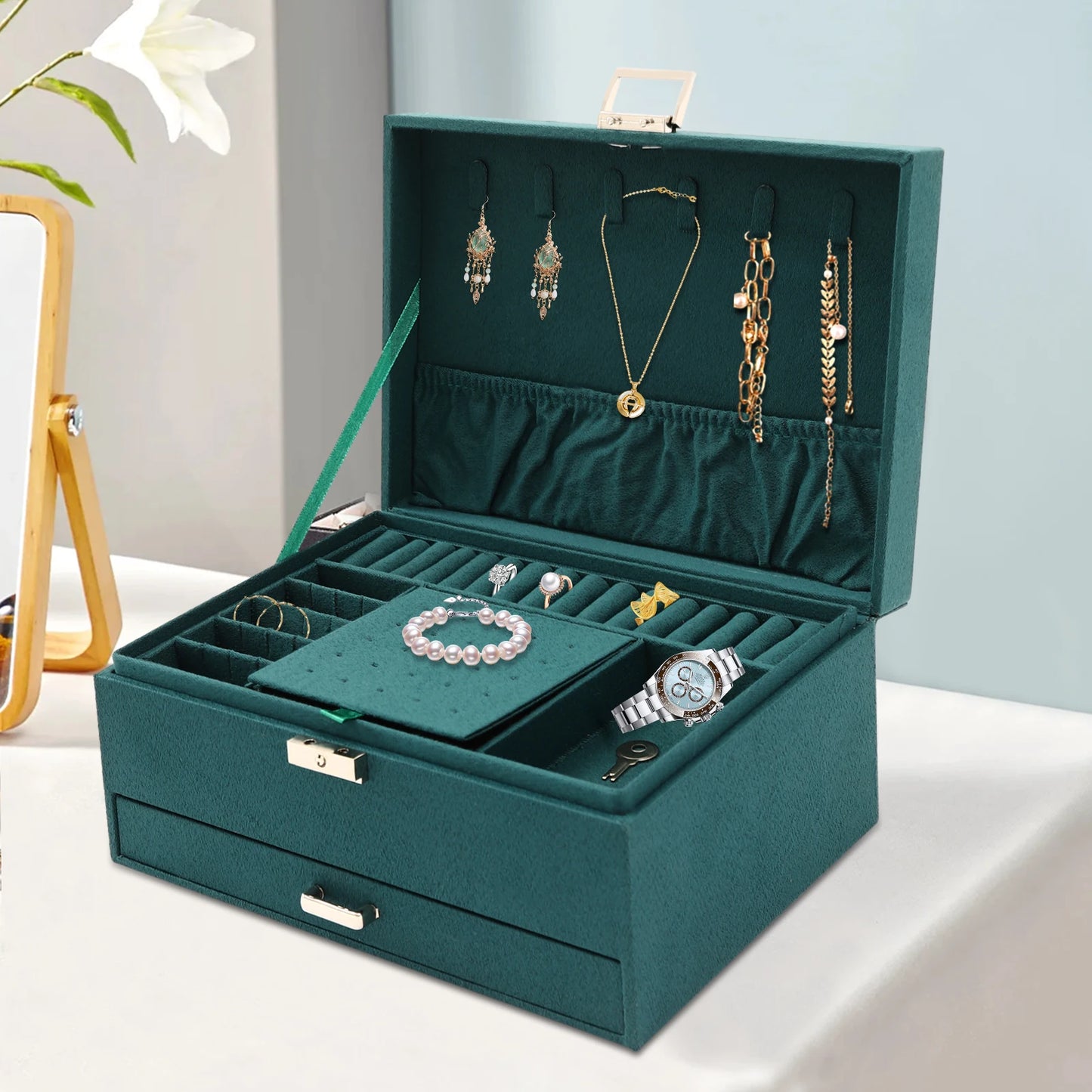 Three Tier Jewelry Box With Safe Lock Large Capacity