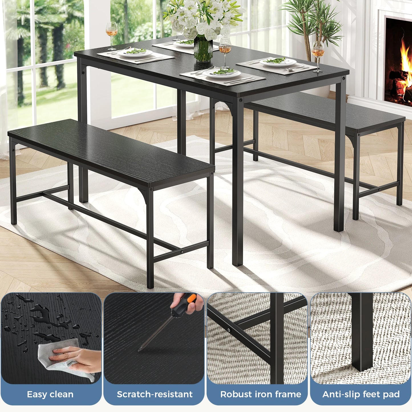 JHK 3-Piece Table And Chair Set With Metal Frame Space Saving