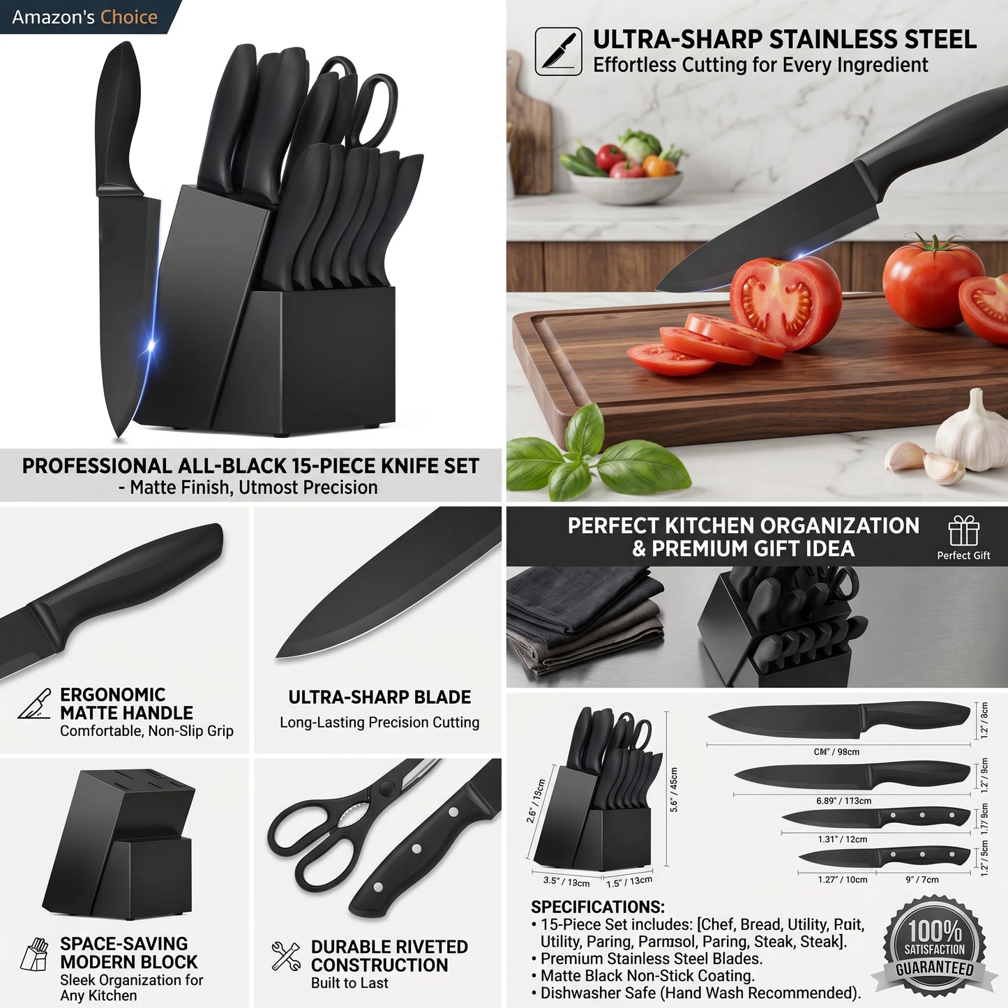 Kitchen Knife Set With Block And Ergonomic Stainless Steel Blades