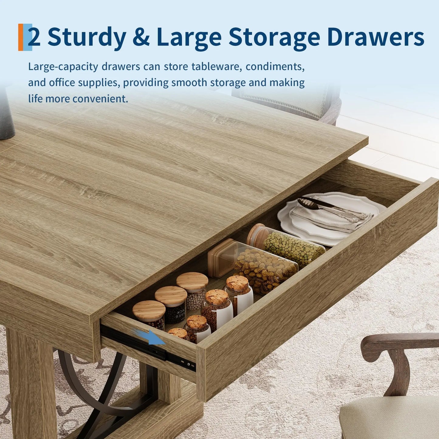 HobbyLane Rustic Wood Dining Table Storage Drawers For Home Office, No Chairs