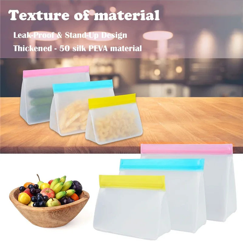 Reusable Silicone Food Storage Bag Stand Up Leakproof Freezer
