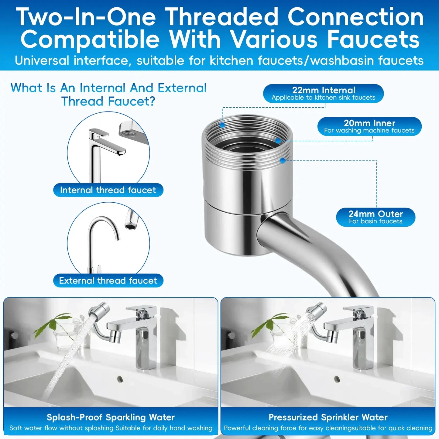Universal Rotatable Kitchen Faucet Extender Stainless Steel Aerator Dual Mode