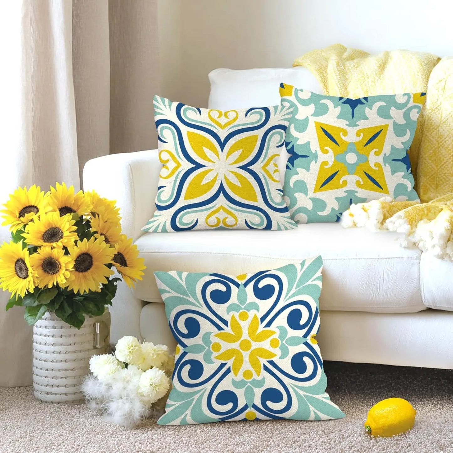 Mediterranean Tile Throw Pillow Covers Geometric Cushion Set