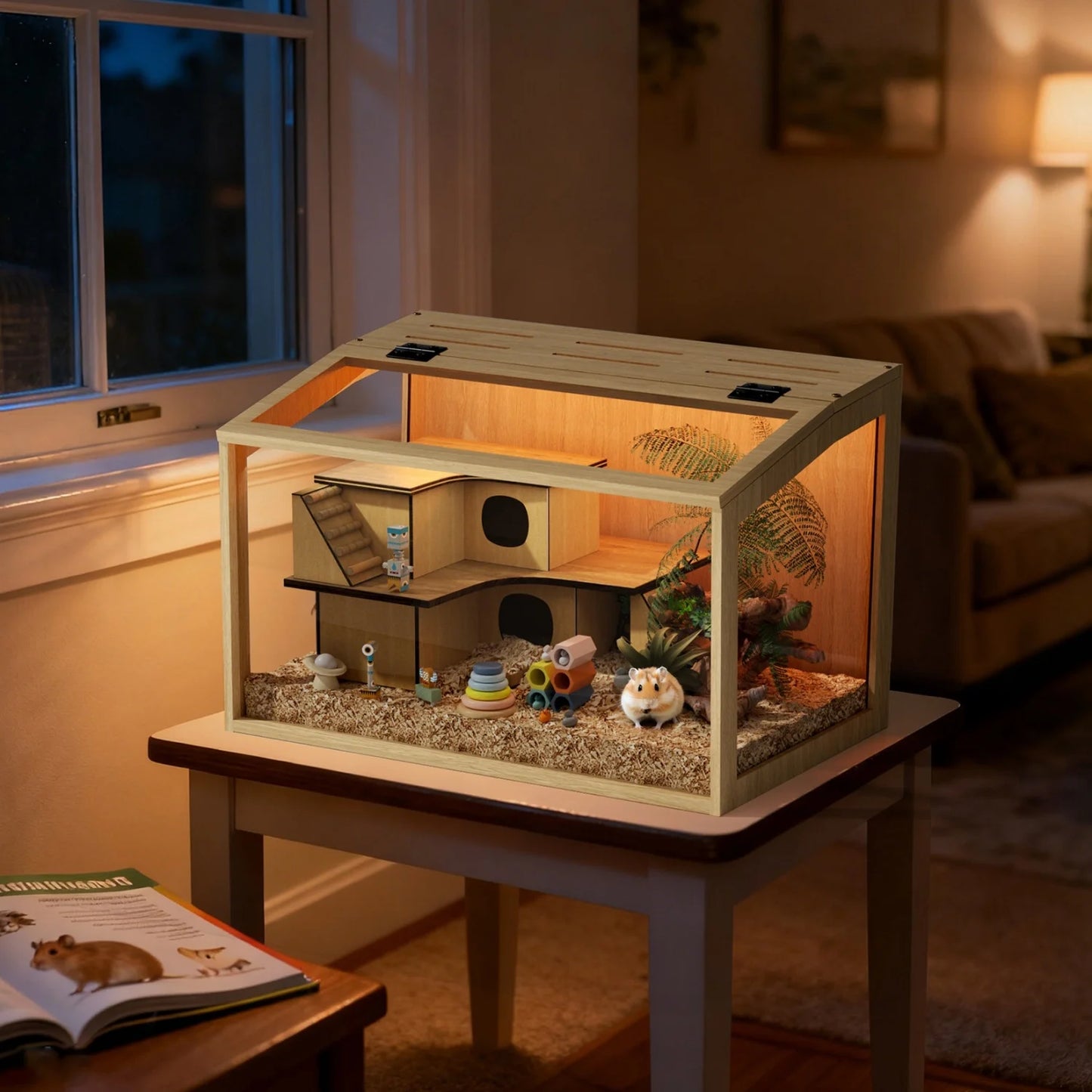 Wooden Hamster Guinea Pig Cage Tempered Glass Led Light Habitat
