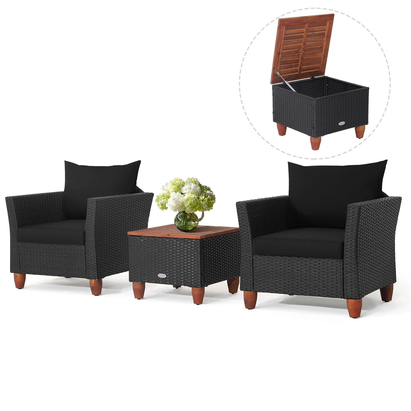 HOMASIS 3 Piece Patio Rattan Sofa Storage Table Wood Top
