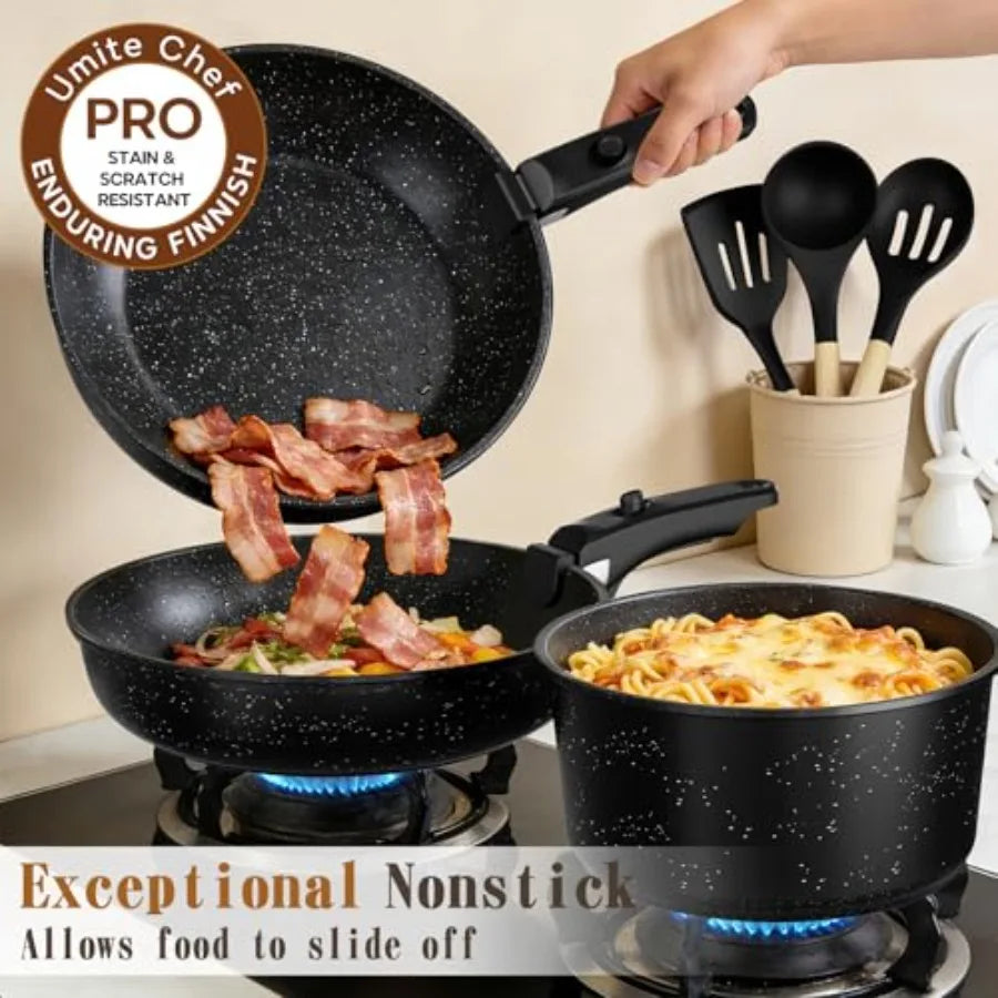 21Pcs Pots and Pans Set Non Stick, Nonstick Cookware Sets Detachable Handle, Non Toxic Induction RV Kitchen Cooking Set, Dishwa