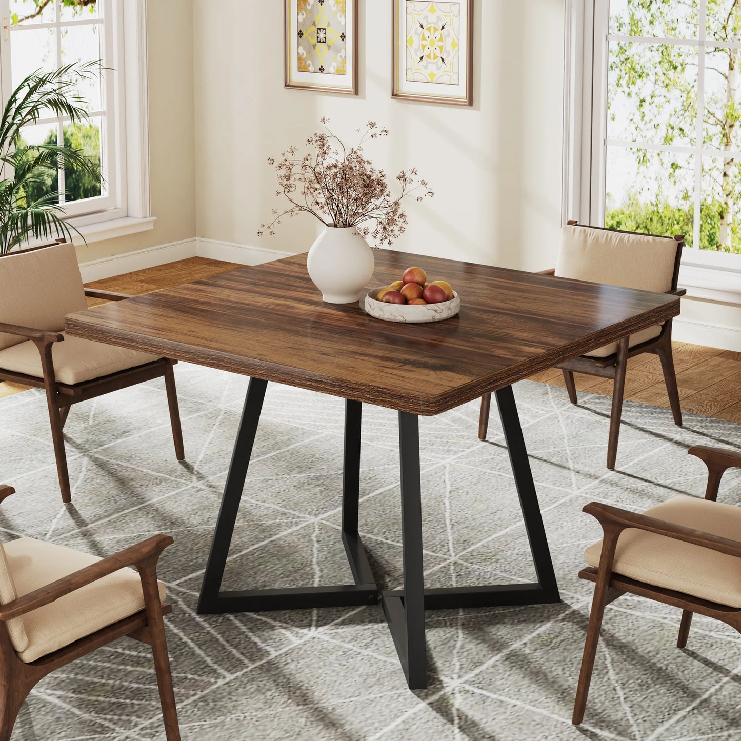 Tribesigns Square Industrial Dining Table Wood Metal Base Kitchen Furniture, No Chairs