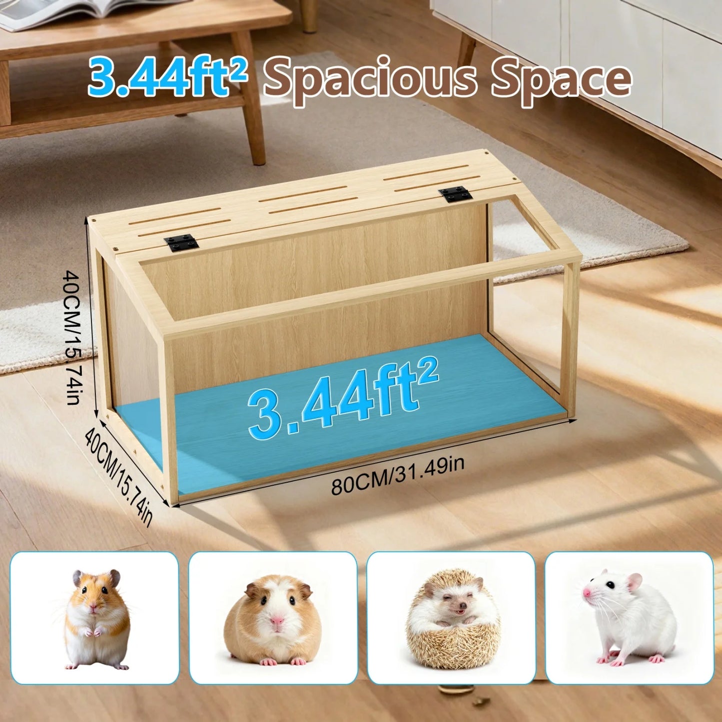 Wooden Hamster Guinea Pig Cage Tempered Glass Led Light Habitat