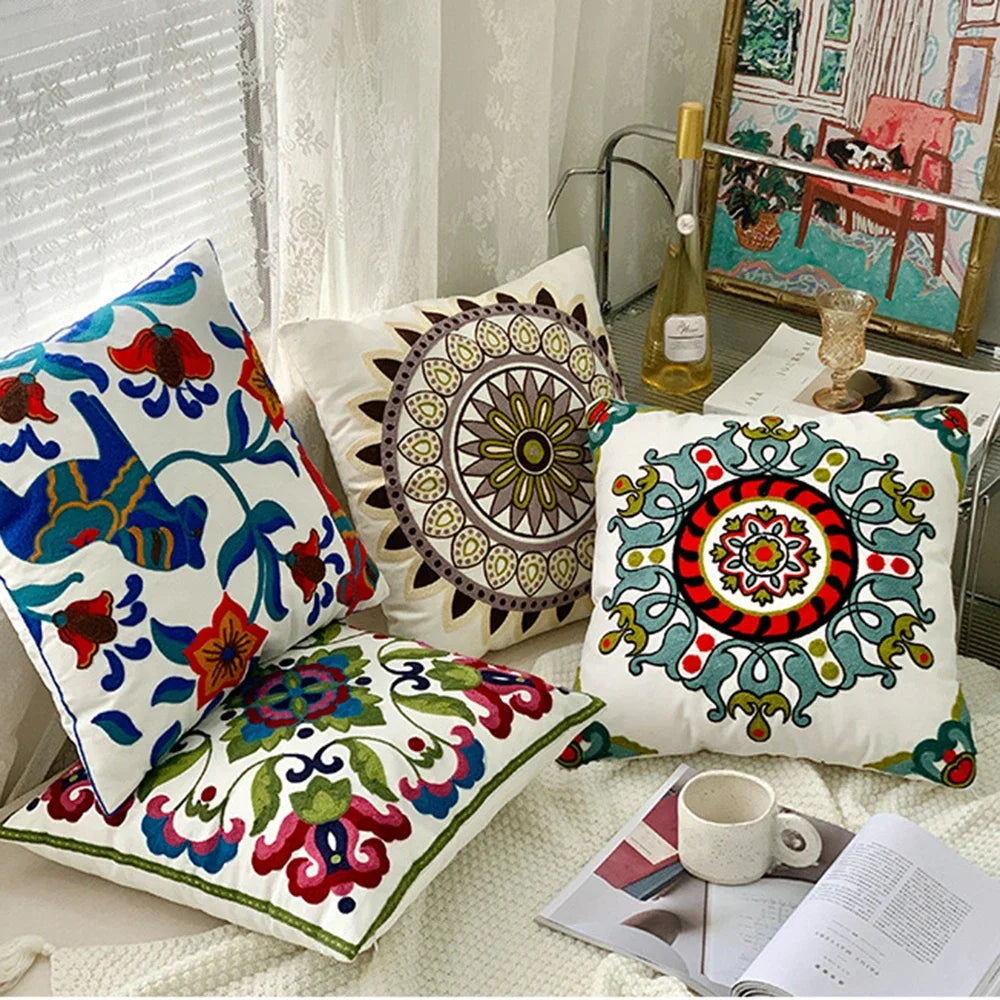 Ethnic Style Floral Embroidered Cotton Pillow Cover