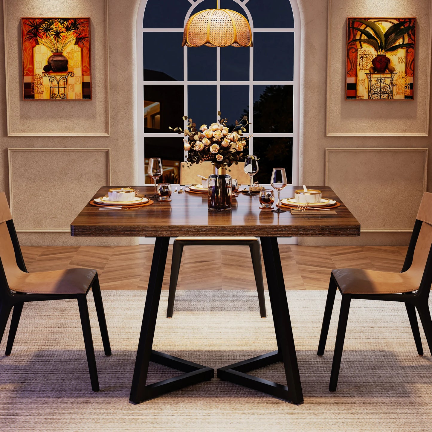 Tribesigns Square Industrial Dining Table Wood Metal Base Kitchen Furniture, No Chairs