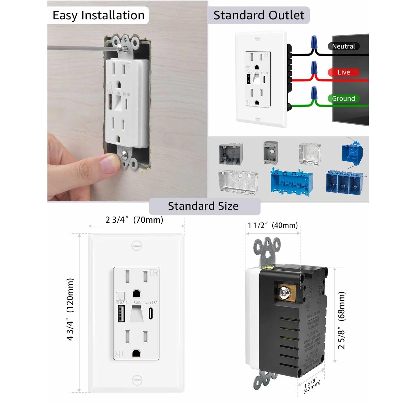 Night Light Outlet With 24W USB-C and USB-A Charging
