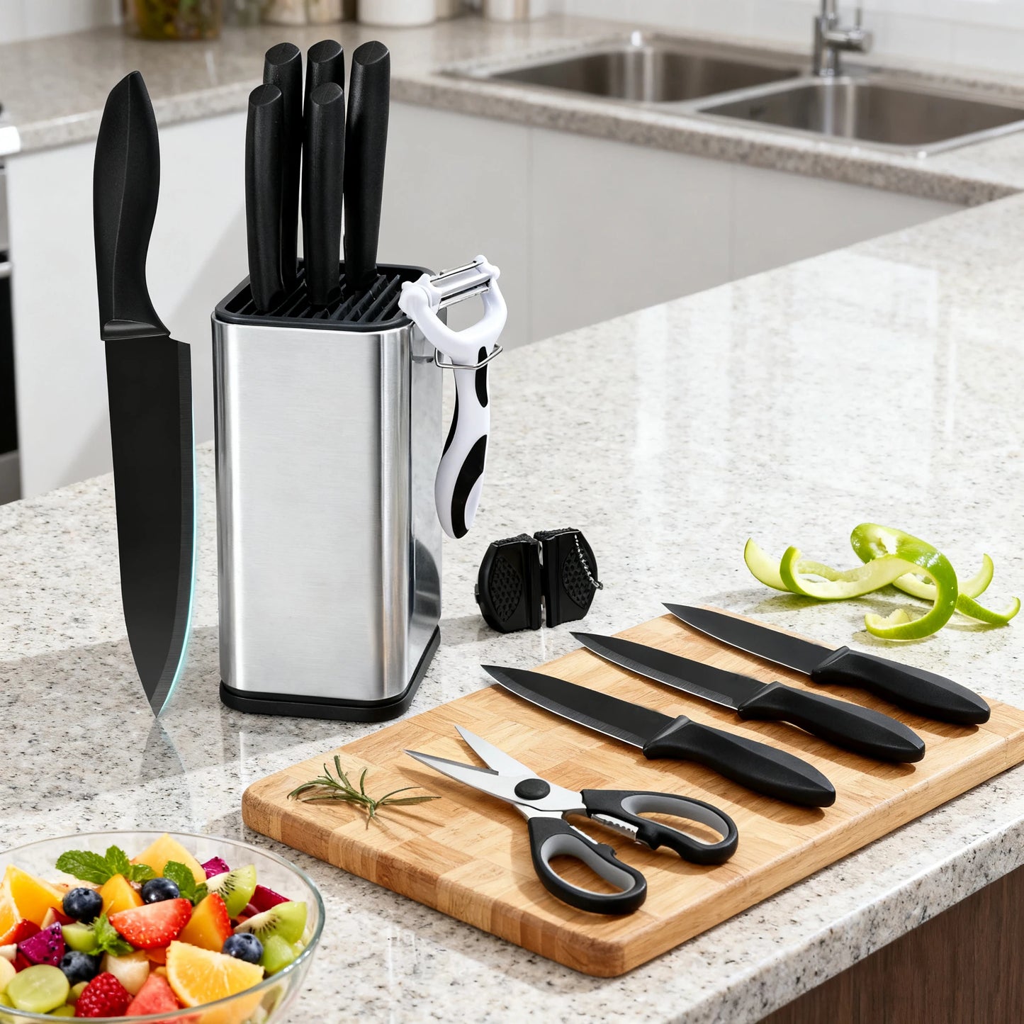 Stainless Steel Kitchen Knife Set With Universal Knife Block