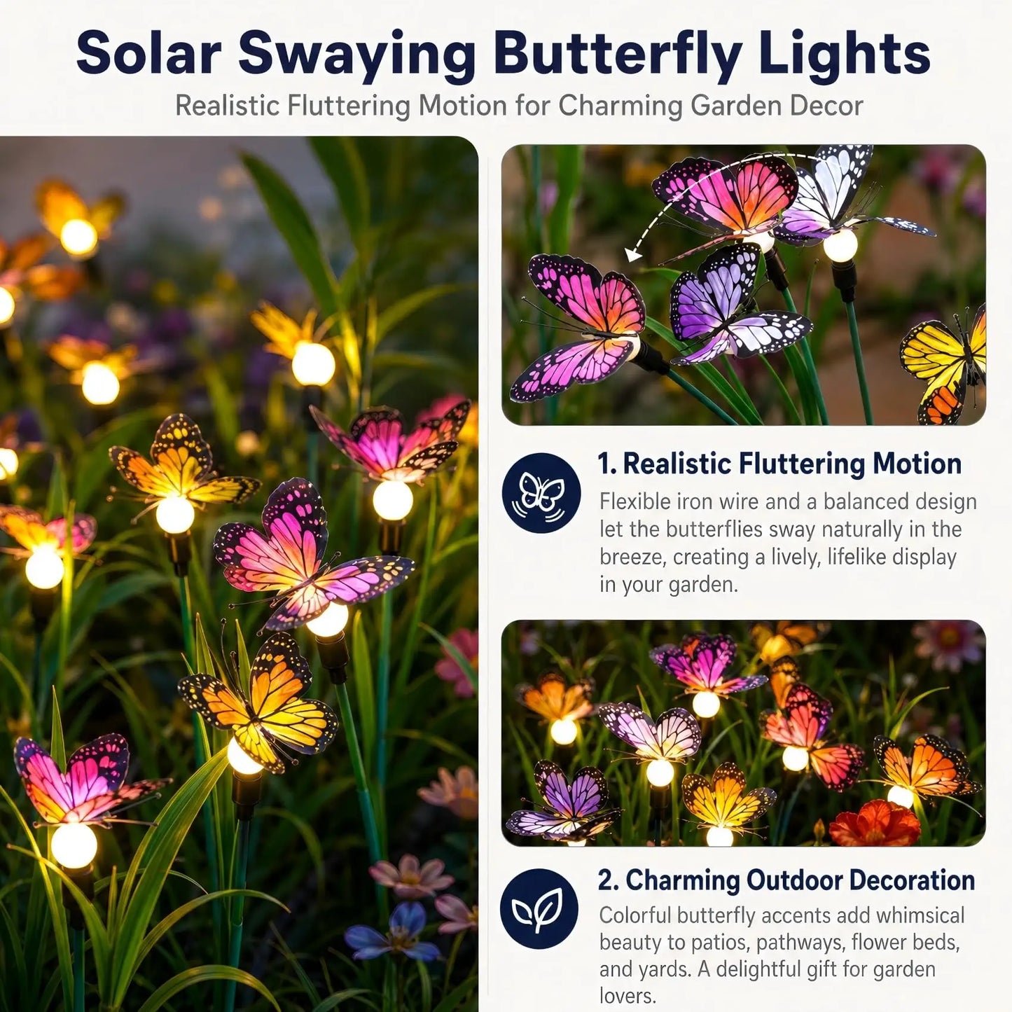 Solar Butterfly Garden Lights 2 Pack Upgraded Swaying LED Pathway