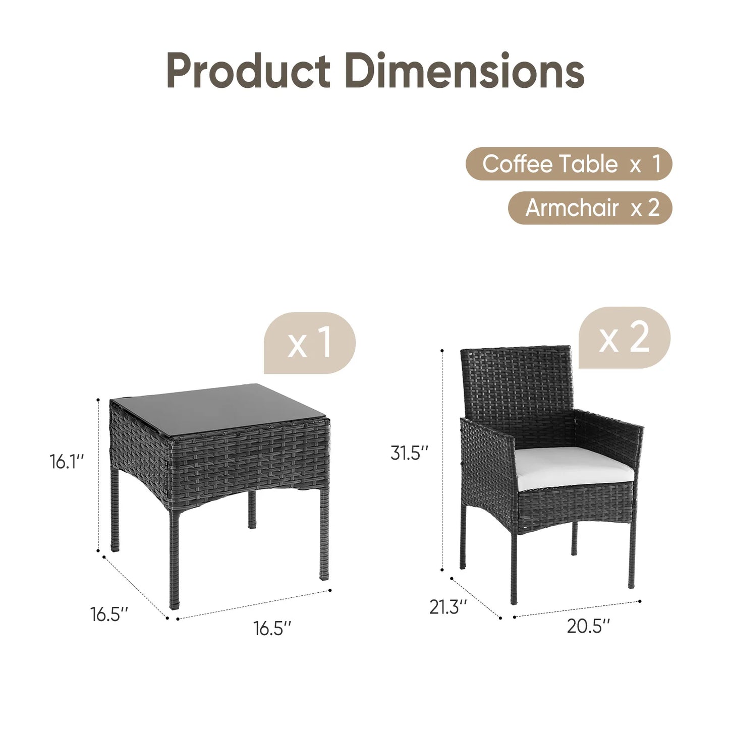 JHK Outdoor Patio Set All-Weather Wicker Bistro With Glass Table