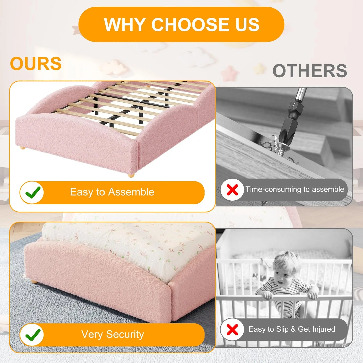 Twin Kids Floor Bed With Raised Sides, Teddy Fabric Upholstered Cloud Daybed, Montessori Platform Bed Frame With Wood Slats, No Box Spring