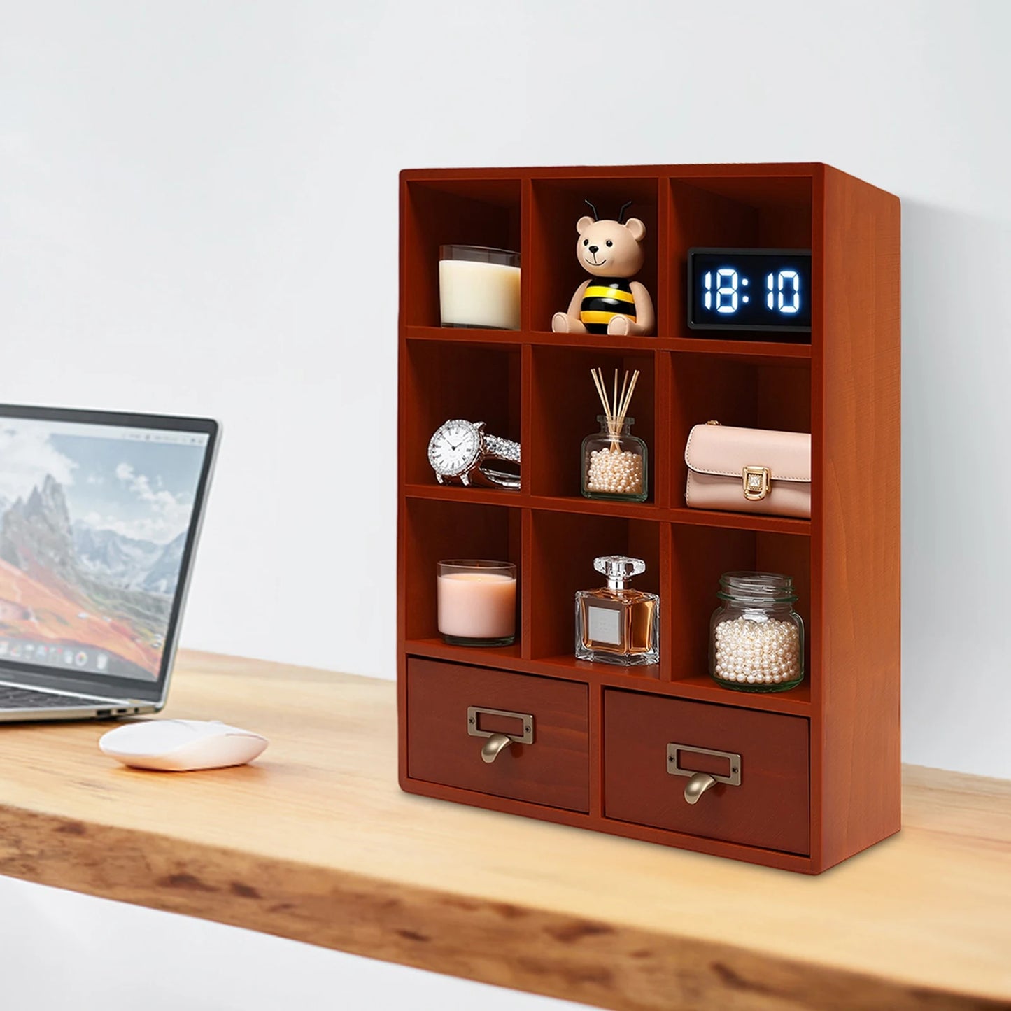 Nine-Compartment Wooden Storage Cabinet With Drawers